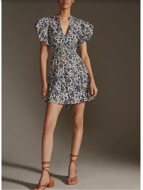 Anthropologie LOVE THE LABEL Isla Smocked Tie Back Ruffle Mini Dress Blue Size M